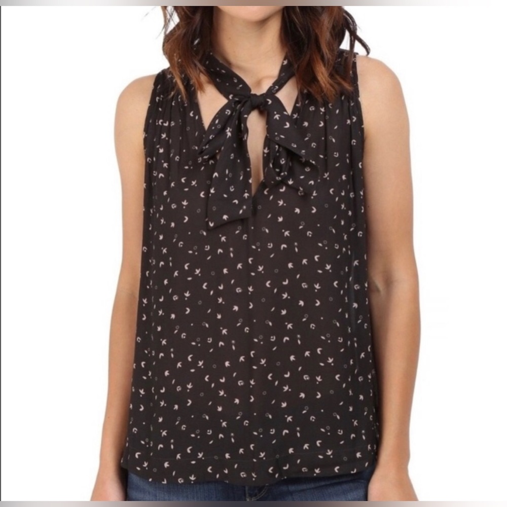 Free People Womens Sleeveless Tie Neck Bow Tank Blouse Black Floral Size Medium